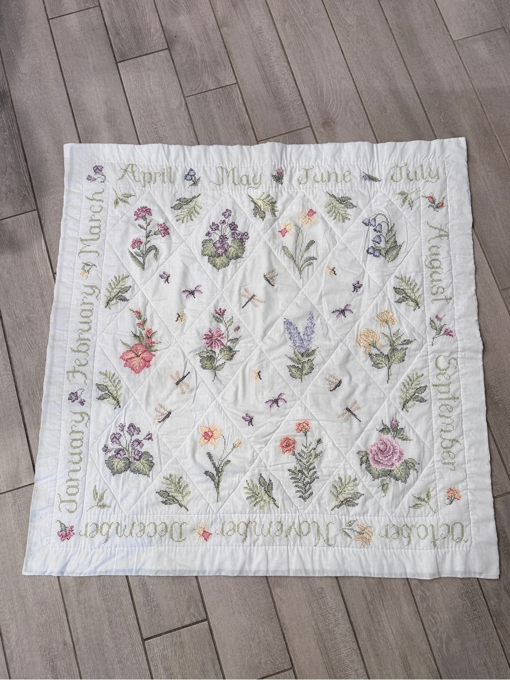 Handmade Cross-Stitch Embroidered Floral White Quilt Throw Months Flowers 43x43